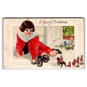 Vintage Embossed Christmas Postcard Girl with Toy Soldiers & Cannon Stecher